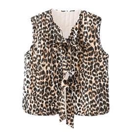 Xuehaya Women Leopard Puffer Vest Floral Print Quilted Jacket Tie Front Sleeveless Padded Gilet(Leopard-M)