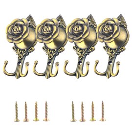 Ailejia 2 pares de ganchos decorativos vintage para cortinas, ganchos para colgar en la pared, diseño de flores, ganchos para colgar en la pared (rosa, bronce)