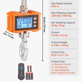 VEVOR Digital Crane Scale, 660 lbs/300 kg, Industrial Heavy Duty Hanging Scale with Cast Aluminum Case & LCD Screen, Handheld Mini Crane with Hooks for Farm, Hunting, Fishing, Outdoor, Garage (Orange) - Maximum Weight: 2200 lbs/1000 kg