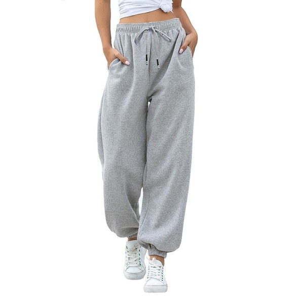 Jogger Pants Women Cinch Bottom Sweatpants Pockets Petite High Waist Sporty Gym Athletic Fit Lounge Trousers Y2K Clothes Grey Medium