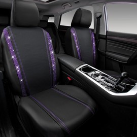CAR PASS Leather Diamond Bling Car Seat Cover 2 Front Interior Sets, Waterproof Universal Shining Glitter Crystal Sparkle Fit for 95% Automotive Truck SUV Cute Women Girl, Black Purple Rhinestone