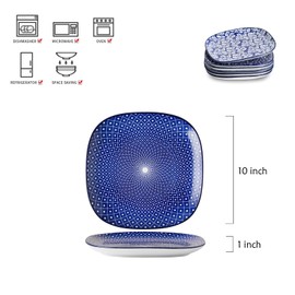 Selamica Porcelain Square Dessert Salad Pasta Steak Plates 10 inches ceramic plates set of 6 microwave/dishwasher/oven safe, Vintage Blue