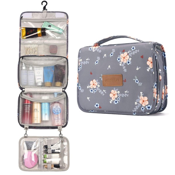 Toiletry Bag for Women, Large Hanging Travel Makeup Bag Water-resistant for Toiletries/Cosmetics/Brushes - Gray