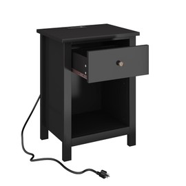 ChooChoo Nightstand with Charging Station, Wooden Top Bedside Table with Drawer and Storage Space for Bedroom, Black