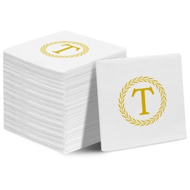 100 Gold Monogram Cocktail Napkins - Letter T White Beverage Napkins, Disposable Cocktail Napkins, Soft & Absorbent, 1/4 Fold, 5" x 5" for Wedding Birthday Party Baby Shower Decorative Towels (T)
