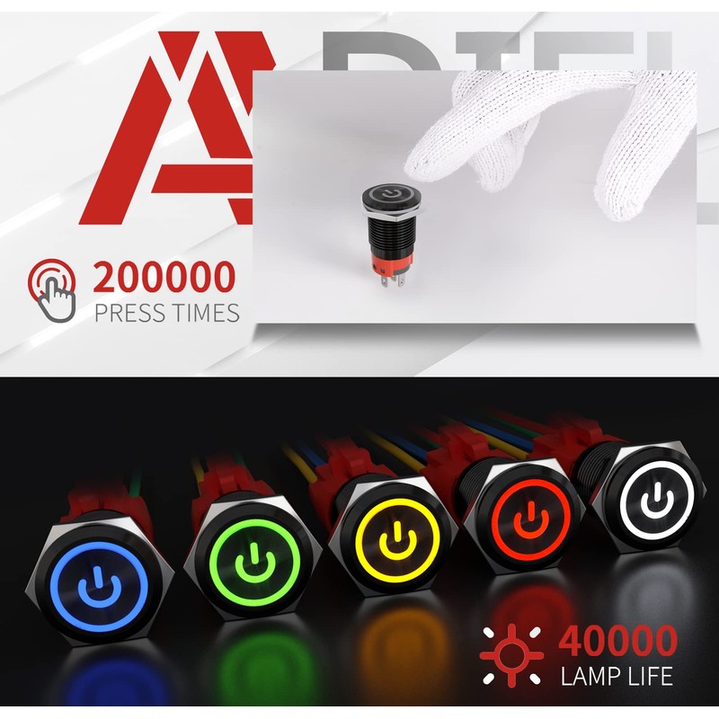 APIELE 16mm Latching Push Button Switch 0.63" 12V Power Symbol