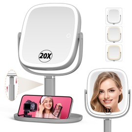 Mocado Makeup Mirror with Lights, 1X/20X Magnifying Mirror with Light, Vanity Mirror with 3 Colors Lights, Height Adjustable Lighted Makeup Mirror, Double Sided 360°Rotation, Memory Function (Grey)