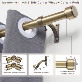 Mayrhyme Antique Bronze Bay Window Curtain Rods with Aluminum End Cap Finials and Brackets,Adjustable 36-72 Inch Center Rod for windows (24-68’’), 20-36 Inch Side Rods for windows (16-32’’)
