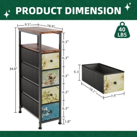 CAIYUN 4 Drawers Narrow Dresser Storage Tower, Vertical Slim Chest Drawers, Wood Top, Small Spaces, Laundry, Closet, Lightweight End Table for Bedroom Living Room Entryway Home Office Flower Brown