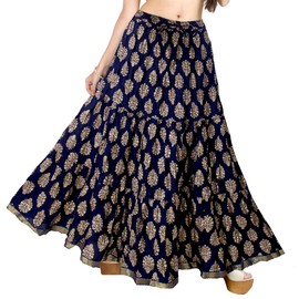 Chandrakala Chadrakala Women's Rayon Cotton Indian Crushed Flaire Long Maxi Skirt Gold Block Print,Free Size (S101), Navy Blue-114, One Size