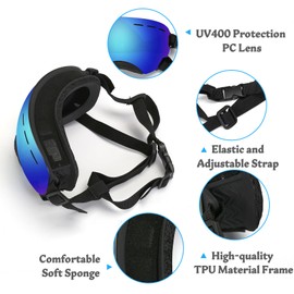 Ufandia Dog Sunglasses Goggles, Pet Sunglasses with Adjustable Strap, UV Protection Dog Goggles for Eye Protection and Windproof, Suitable for Medium and Large Dog (Blue Lens)