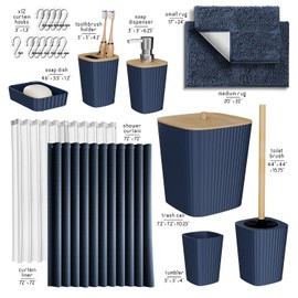 Clara Clark Bathroom Accessories Set - Navy Bathroom Set, Bathroom Sets with Shower Curtain and Rugs, 22PC Shower Curtain Set with Bathroom Trash Can