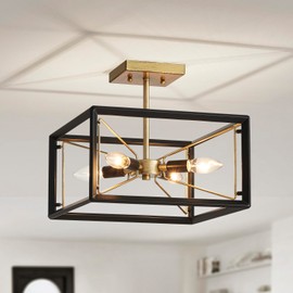 AGV LIGHTING CL046BB Modern Ceiling Light, Semi-Flushmount Close to Ceiling Light Fixture, Perfect for Living Space, L13 x W13 x H11, 4 x E12 Socket, Rustic Brass & Matte Black Finish
