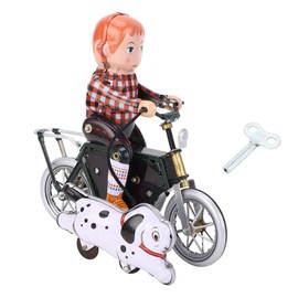 Clockwork Toy Retro Boy Walk The Dog By Bike Wind Up Tin Toy for Collection Decoration