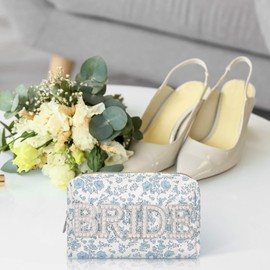 Sunnymove Large Quilted Cotton Bride Patch Letter Floral Makeup Bag for Women Bridesmaid Engagement Gift Bag Pouch Purse Bridal Shower Gifts for Engagement Wedding(8.1" X 5.1" X 2.8",Bride)