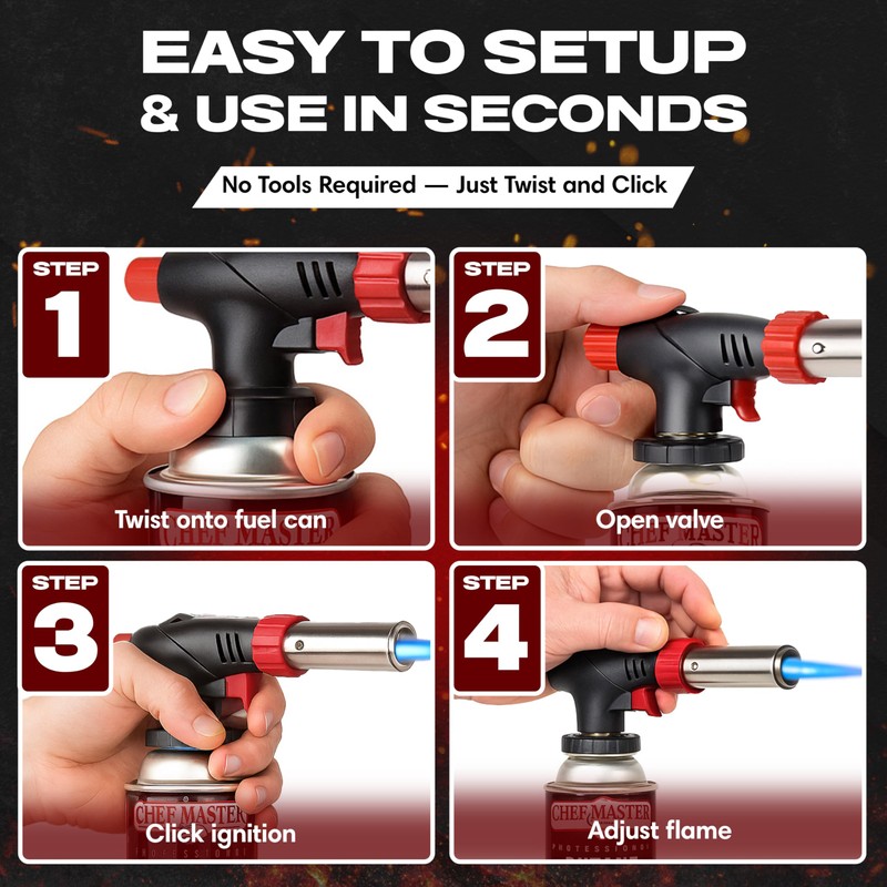 Chef Master Butane Torch Lighter, Refillable Kitchen Torch, Cooking Torch,