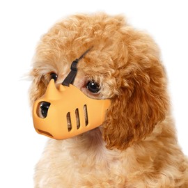 LUCKYPAW Dog Muzzle, Soft Muzzle for Small Medium Dogs Poodle Dachshund, Breathable Silicone Cage Mouth Cover to Prevent Biting and Chewing, Funny Rhino Muzzle with Adjustable Head Strap(Yellow, S)