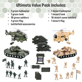 Vokodo 5 Pack Armed Forces Vehicle Bundle Toy Playsets, Friction Power Vehicles Includes Helicopter, Tank and Army Figurines, Military Car, Truck Pretend Play Toys Toddler Kids Boys