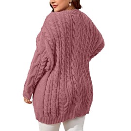 Dyexces Plus Size Sweaters for Women V Neck Long Sleeve Cable Knit Sweaters Casual Fall Sweaters Soft Jumper Tops Pink