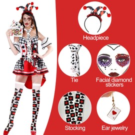 Johiux Queen of Hearts Costume, Carnival Costume Women, Playing Cards Spades and Heart Earrings, Magic Playing Cards Tie, Joker Headband Face Rhinestone Women's Mardi Gras Make Up Accessory for Mardi