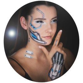Tattoocrew 2 Tattoo Looks Death Metal Face Stick-On Cyborg Skull AI Body Tattoos for Adults Set Temporary Tattoos Women/Men Festival Carnival Convention Costume