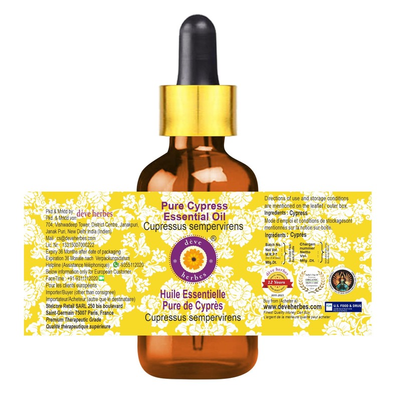Deve Herbes Pure Cypress Essential Oil (Cupressus sempervirens) with Glass