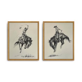 Roslynity Framed Canvas Wall Art Vintage Prints Set of 2 Western Cowboy Sketch Mid Century Antique Paintings Retro Aesthetic Artwork for Home Living Room Bathroom Bedroom Wall Decor (8"x10")