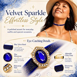 AnalysisyLove Blue Velvet Rhinestone Pendant Choker Necklace for Women