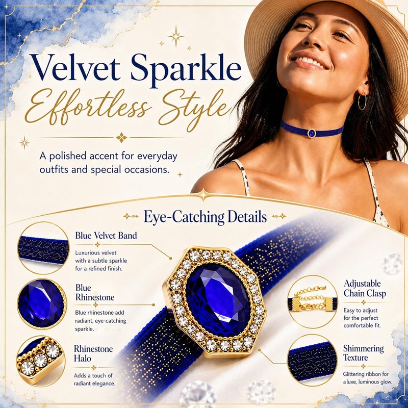 AnalysisyLove Blue Velvet Rhinestone Pendant Choker Necklace for Women