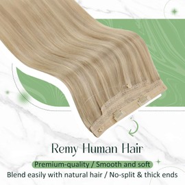 RUNATURE Wire Human Hair Extensions, Blonde Hair Extensions with Transparent Fish Line Human Hair, Straight Natural Hair for Women, Double Weft Thick Hair, 20 Inch 100g #16/22Ash Blonde Highlights