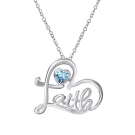 Qings March Aquamarine Birthstone Heart Pendant Necklace for Women 925 Sterling Silver Cross Faith Heart-Shaped Birth Stone Cubic Zirconnia Necklaces Birthday Christmas Jewellery Gifts for Girls