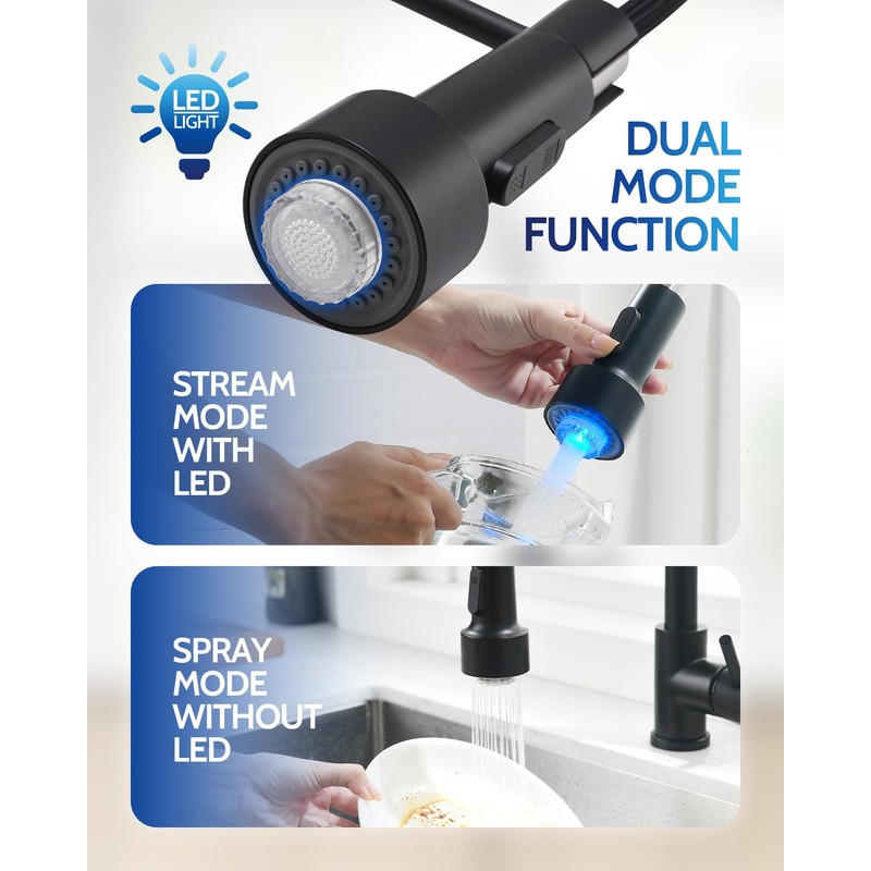 LUFEIDRA Black Kitchen Faucet with Sprayer LED Light, High Arc