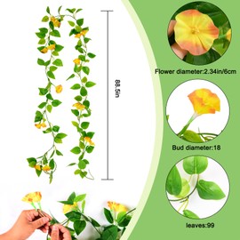4Pcs 7.7 FT Flower Garland, Hanging Artificial Morning Glory Vine Flowers with Green Leaves UV Resistant Fake Plastic Faux Silk Fabric Ivy Flower for Fall Decorations, Wedding Garden Wall Arch Décor