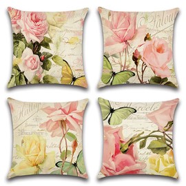 Artscope Waterproof Cushion Covers, Set of 4 Pink Roses and Butterflies Cushion Cover Breathable Cushion Case for Outdoor Balcony Patio Garden Farmhouse Decor 45 x 45 cm