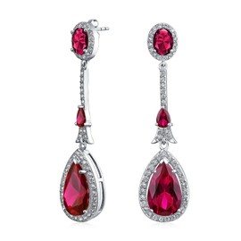 Art Deco Style Red Teardrop Fashion Statement Simulated Ruby Chandelier Earrings For Women For Silver Plated