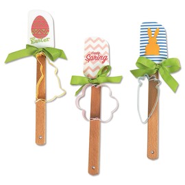 Lillian Vernon Easter Spatulas and Cookie Cutters - Set of 3, 10 1/2” spatula, up to 2”x 3 1/2” cookie cutter.