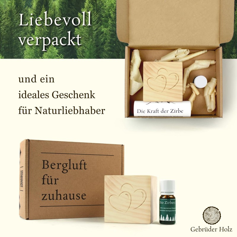 Zirben-Würfel Duft-Set | Zirbenholz-Würfel mit Motiv und Tropfstruktur + Zirben-Öl