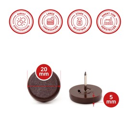 K.D.J. Brand Plastic Furniture Glides with Round Nails, Pack of 8 in Brown, 20 mm Diameter, 5 mm Thick, Chair Glides with Nail, Plastic Glides for Garden Chairs - Made in Germany