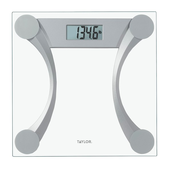 Taylor 400 Lb. Capacity Clear Glass Digital Bathroom Scale with Metallic Accents, 12"L x 12"W x 1"H, Silver