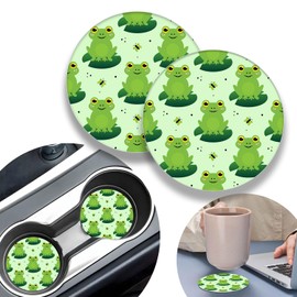 2 Pack Cute Green Frog Car Coasters,2.75 Inch Car Cup Holder,Universal Rubber Anti-Slip Automotive Drink Soft Cup Mat,Car Interior Accessories for Women Men and Girls