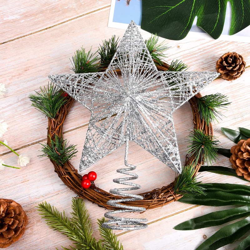 Geviro Silver Christmas Tree Star Topper Metal Glittered Xmas Tree