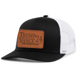 Trenz Shirt Company Trump Vance 2024 Take America Back Leather Patch Trucker Hat, Black/White