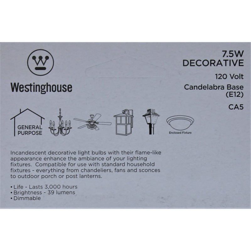7.5 watt 120 volt CA5 Candelabra E12 Base Clear Decor