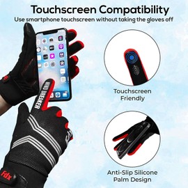 FDX Full Finger Winter Cycling Gloves, Breathable, Water Resistant, Windproof, Anti- Shocking Gel Padded Palms, Touchscreen, Anti-Slip Warm Thermal Men Women MTB, Racing, Riding, Running (Red L)