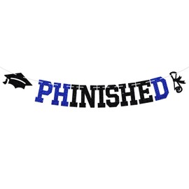 Phinished Banner, PHD Graduation Bunting Sign, Congrats PHD, Class of 2025 Congrats Doctor Graduation Party Decorations Supplies, Blue and Black Glitter
