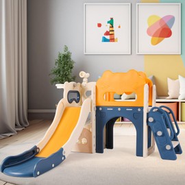 MAMIZO 8-in-1 Large Toddler Slide, L-Shaped Kids Slide with Long Slope, Baby Climber Slide Playset w/Enclosed Steps, Telescope, Basketball Hoop, Tunnel, Indoor Outdoor Slide for Age 3+ (Yellow & Blue)