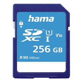 Hama 256 GB SDXC-Speicherkarte, Class 10, V10, UHS-I (bis zu 90MB/s, für Full-HD- und 3D-Video-Aufnahmen, z.B. Digitalkamera, Camcorder, Videokamera, mit Schreibschutz) SDXC-Card