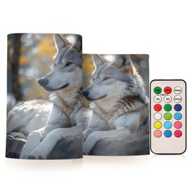 ALAZA Lovely Wolf Real Flickering Flameless Candles Battery Operated with Remote Timer,Tea Light Candles LED Pillar Votive Candles set of 2 for Outdoor Indoor Decorations