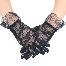 BLUPLE Lace Gloves for Women Tea Party Gloves Elegant Ladies Short Gloves Courtesy Gloves for Wedding Dinner Opera Parties (Black-1)