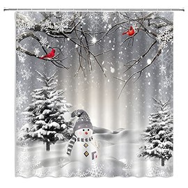 Merry Christmas Shower Curtain Cute Snowman Xmas Pine Tree Red Birds Snowflake Gray Winter Holiday Happy New Year Bathroom Decor Fabric Curtain with Hooks